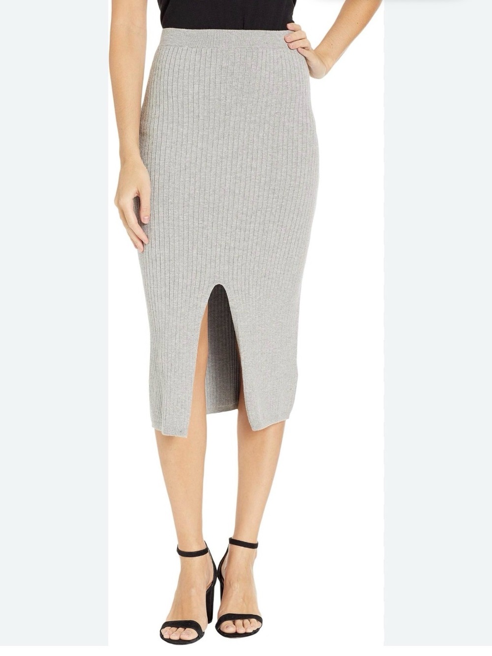 Free People Rib Knit Skyline Midi Skirt with Front Slit in Light Grey